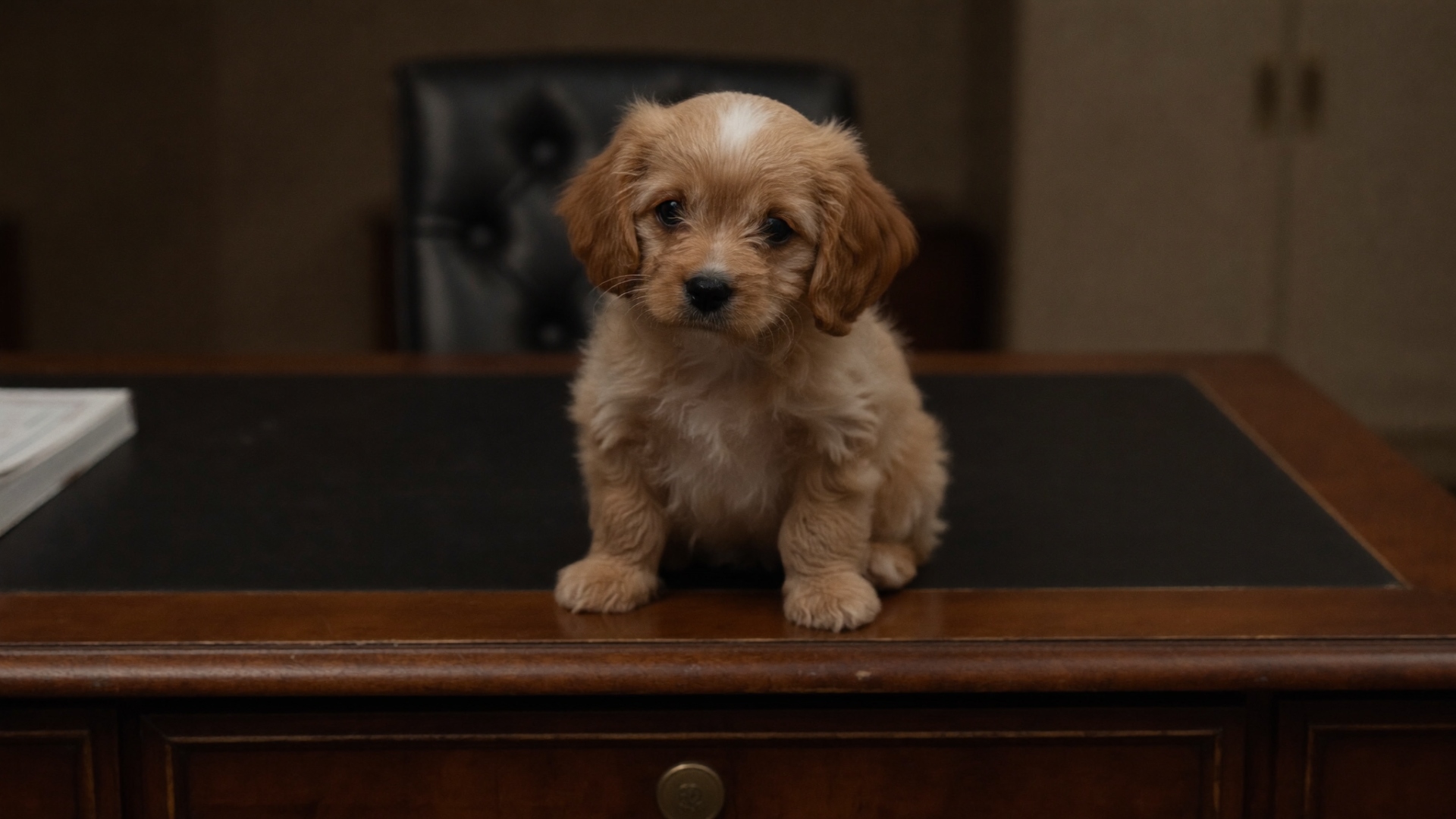Bella the golden puppy sitting in hay at golden hour